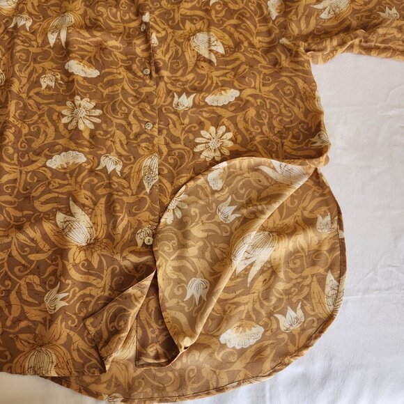 Real Clothes Sax 5th Ave Women's Size Large Mustard Floral Silk Button Up Top - Picture 12 of 15